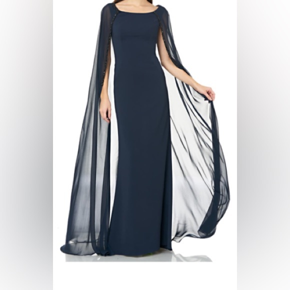 CARMEN MARC VALVO Infusion Navy Black Beaded Embellished Chiffon Cape Gown - Picture 2 of 4